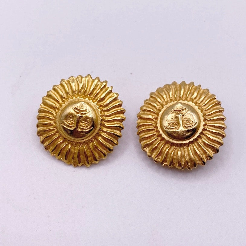 Vintage Clip On Earrings Sun Face 80s Style Gold Brushed Tone