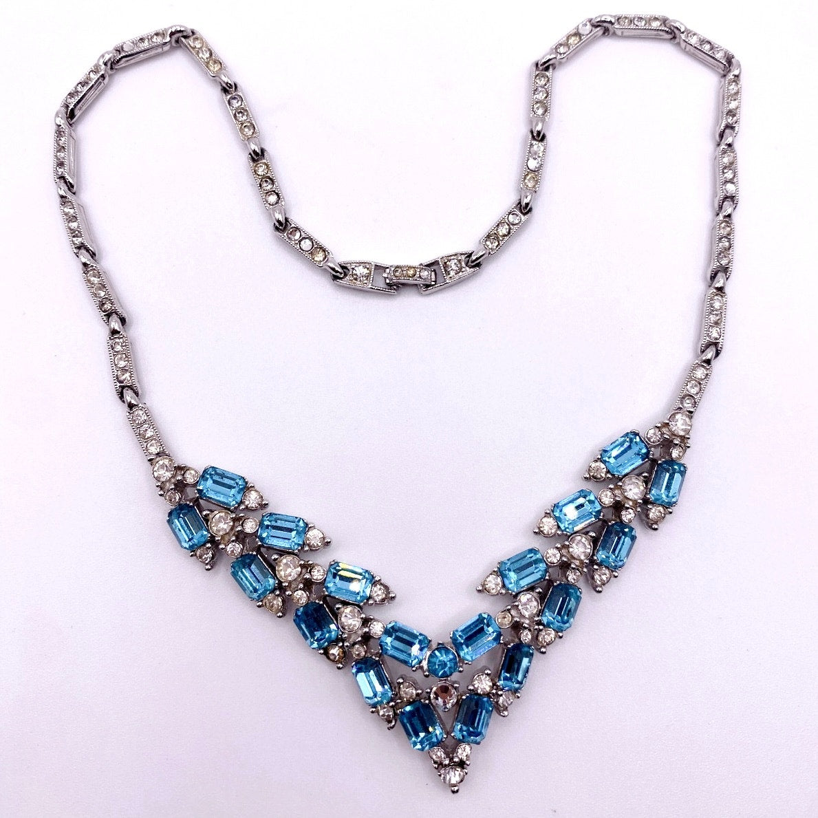 Bogoff Signed Vintage Necklace with Blue and White Rhinestones