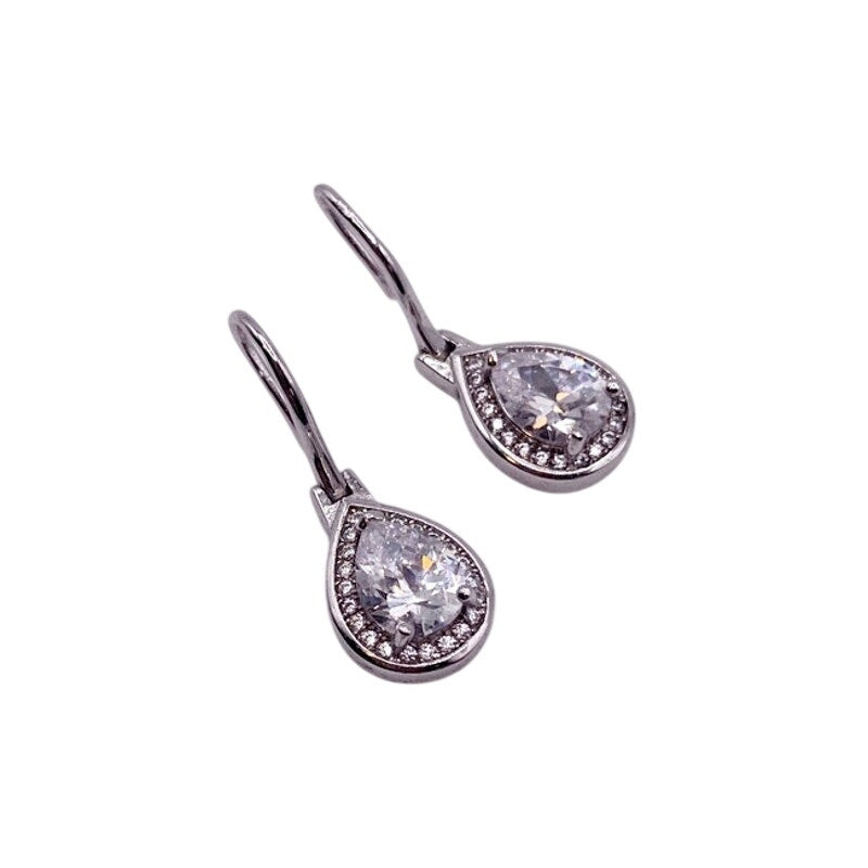 Sterling Silver Earrings with Dangling White Cubic Zirconia Tear Drop 1cm