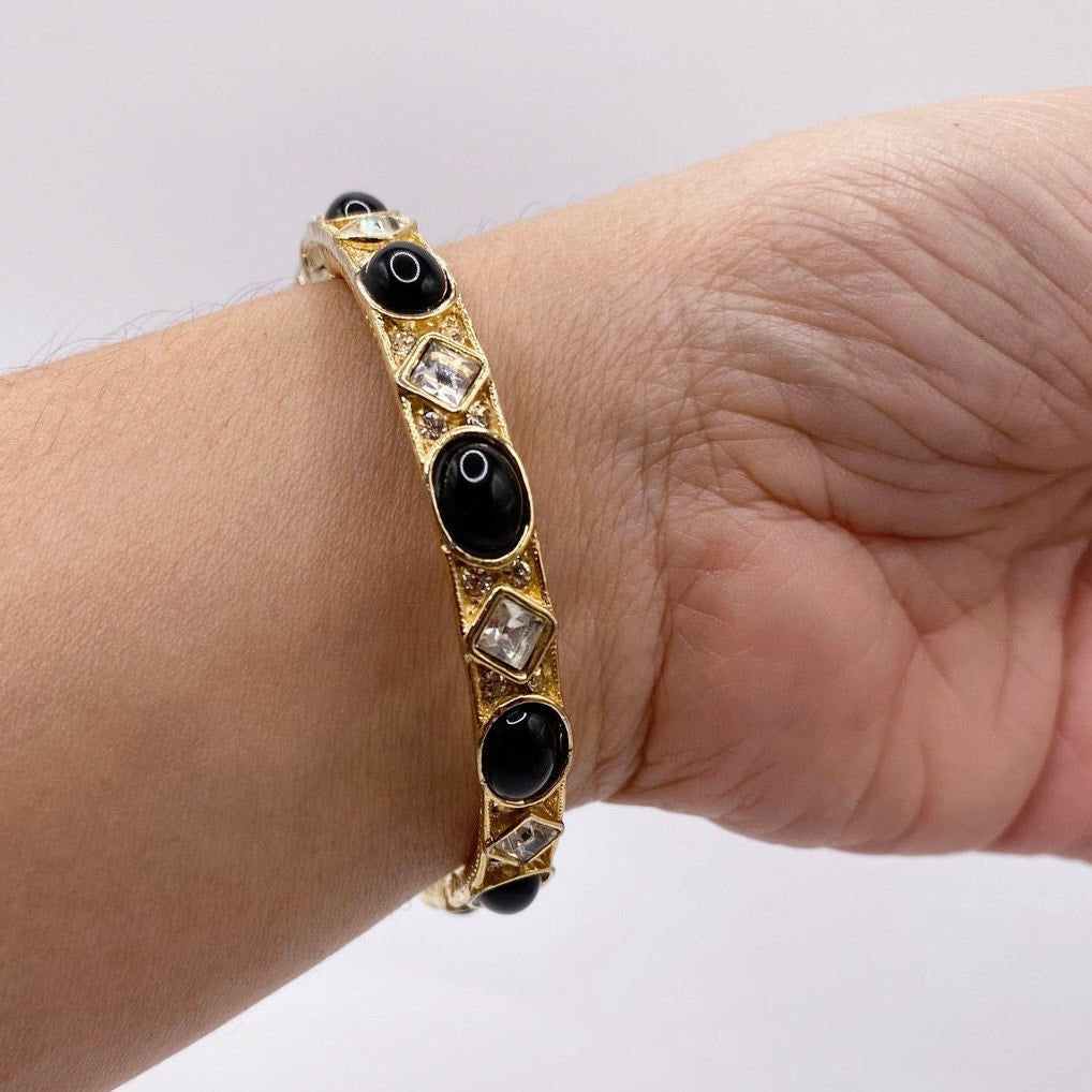 Vintage Donald Stannard Black And White Rhinestones Bangle Bracelet 7”