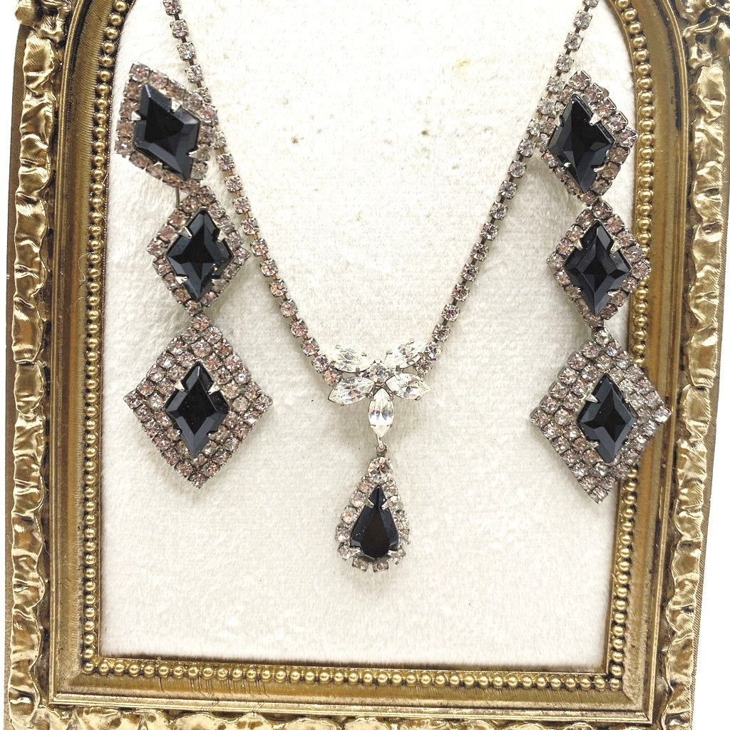 Vintage Black and White Rhinestones Clip on Earrings and Necklace