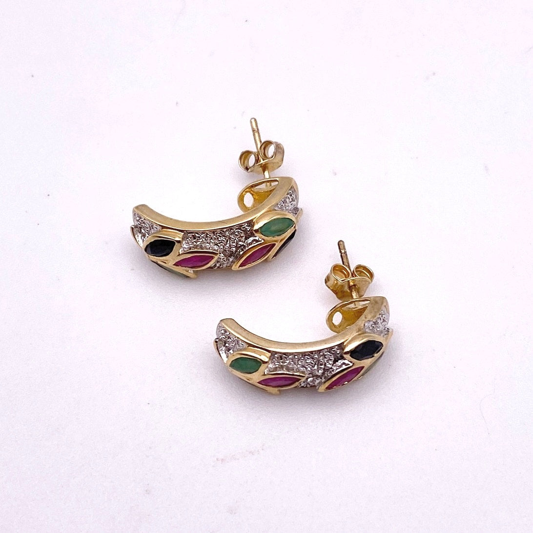 Gold Vermeil Sterling Silver and Gems  Ruby Emerald Sapphire Half Hoop Studs