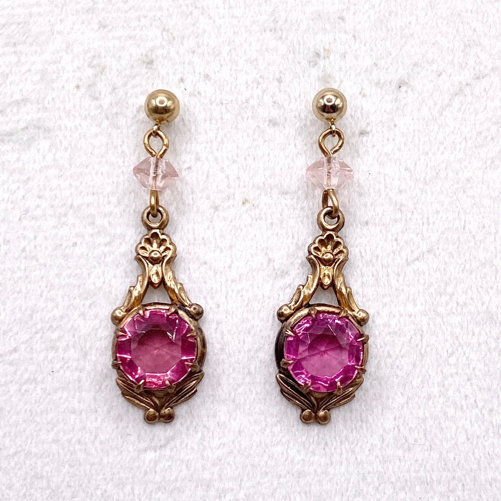 Vintage Brass Filigree Dangling Earrings Lustrous Pink Rhinestones
