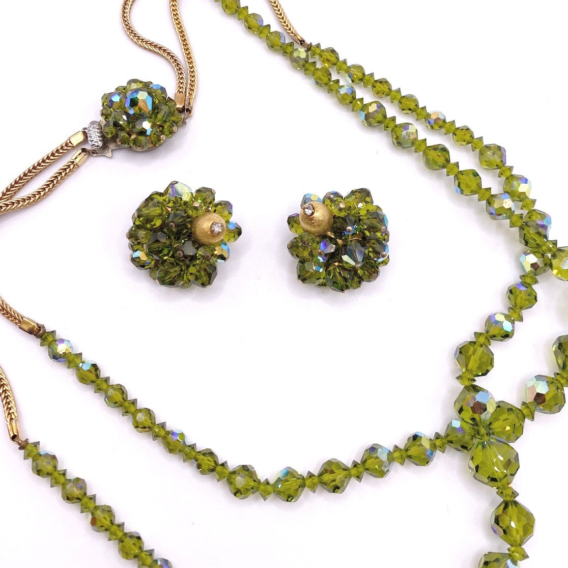 Vntg Double Strand Green Austrian Crystal Necklace 17” and Clip on Earrings Set