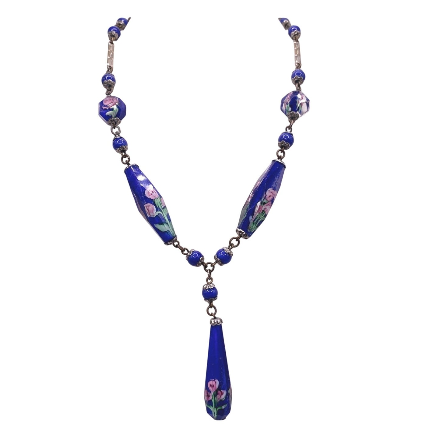 Antique Cobalt Blue Czech Glass Beads Necklace Art Deco 14 inches long Neckline