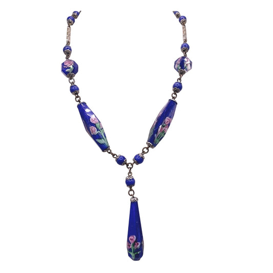 Antique Cobalt Blue Czech Glass Beads Necklace Art Deco 14 inches long Neckline