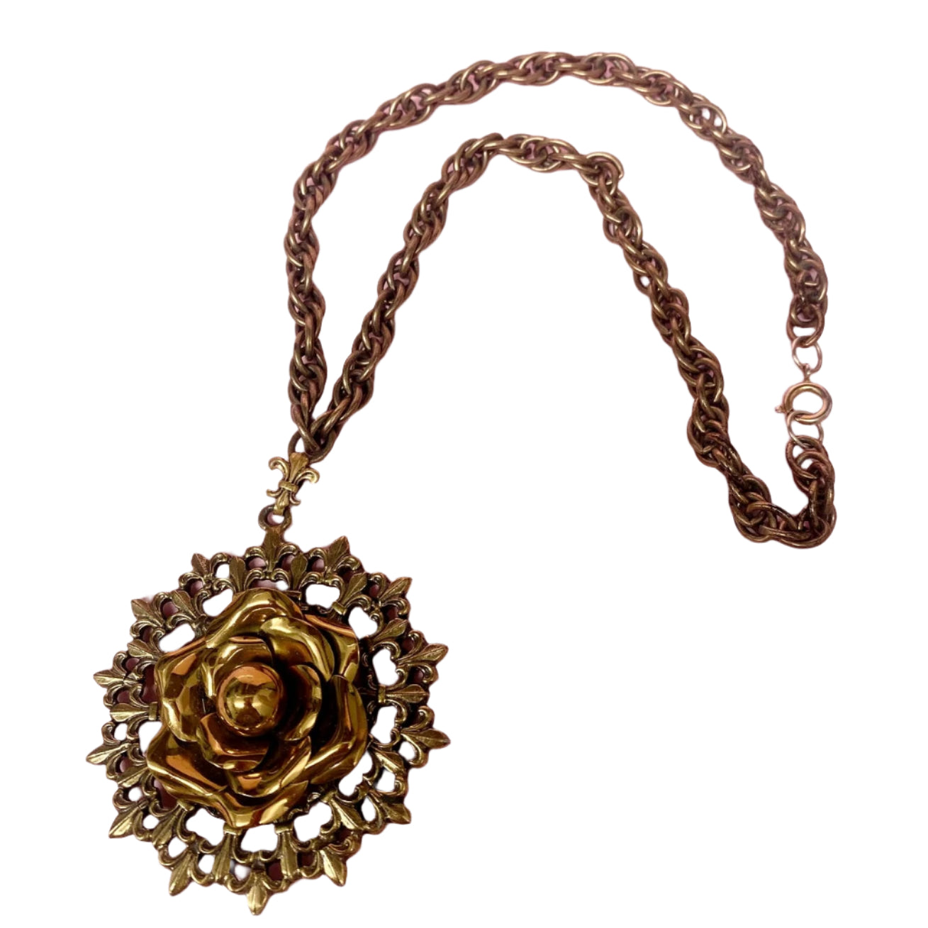 Vtg Germany Rose Pendant Necklace Plated Filigree