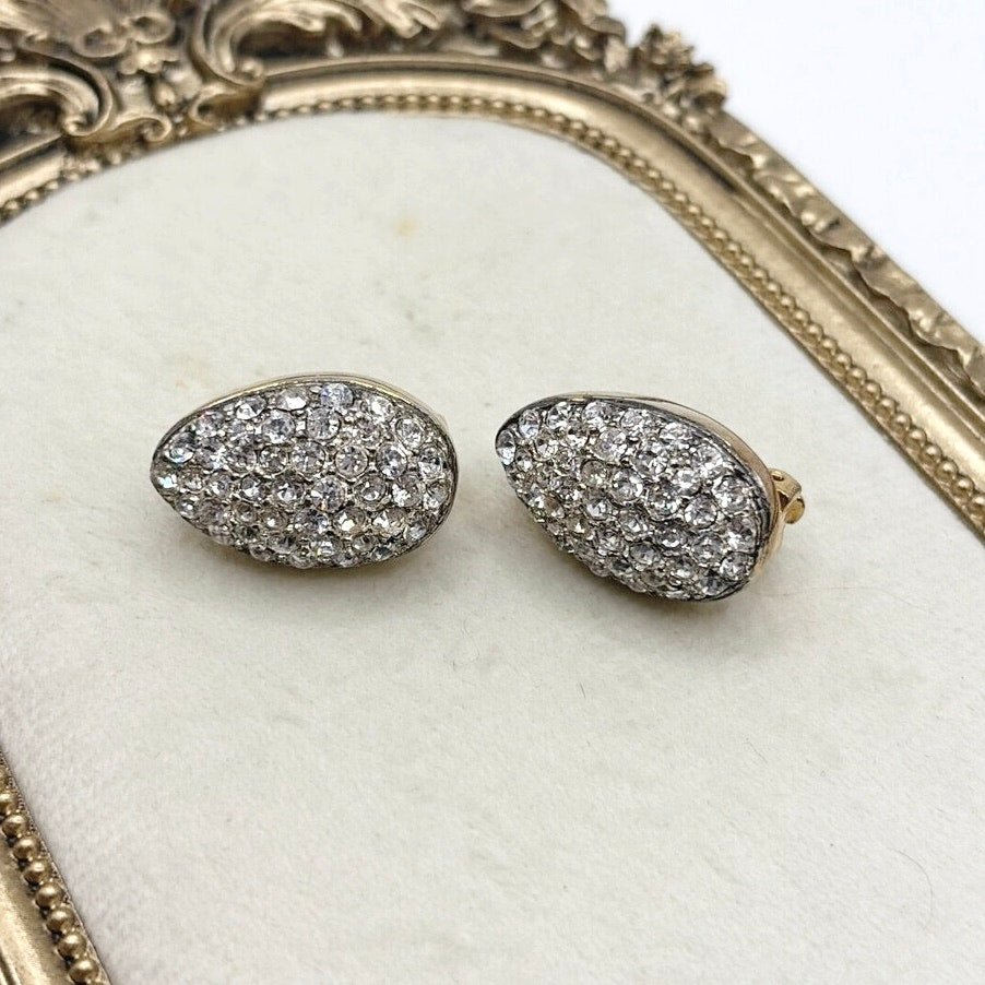 Vintage Clip On Full Rhinestones Earrings On Gold Tone