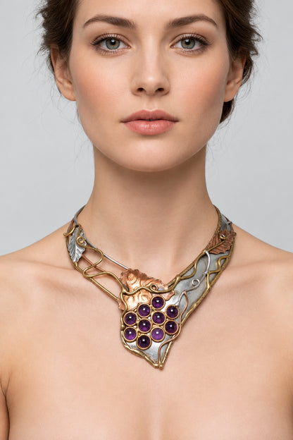 Mixed Metal Necklace Sterling Silver Copper and Brass Leaves Amethyst Grapes