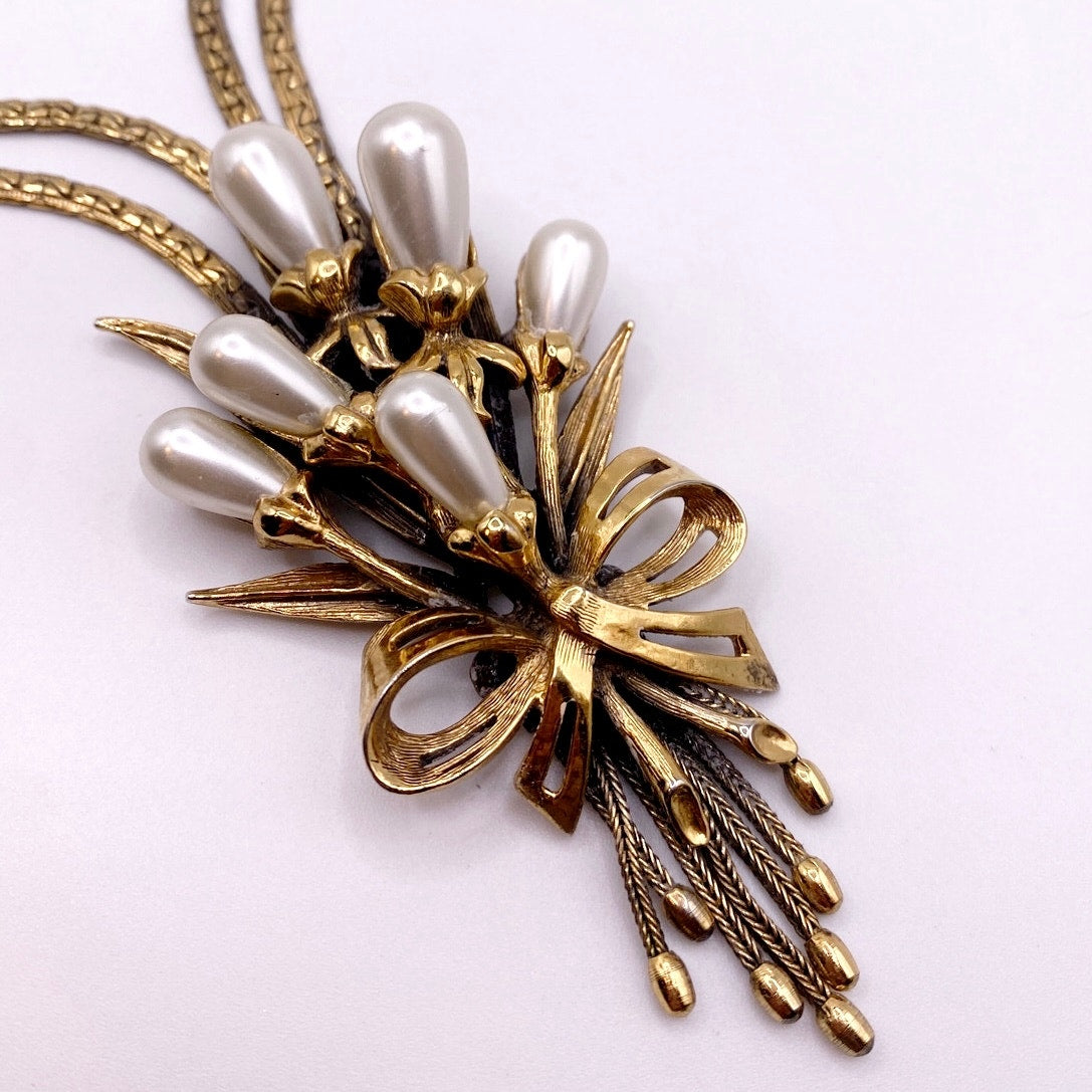 Ravana Vintage Faux Pearl Floral Bouquet Double Chain Necklace 18"