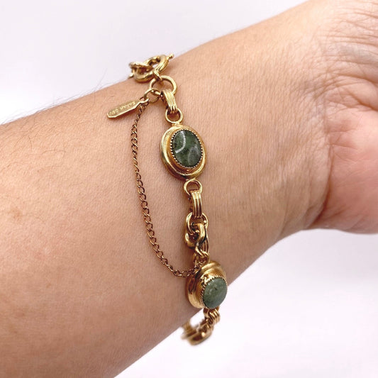 Sarah Coventry Signed 12K GF Bracelet Link with Jade Stones Size 7”