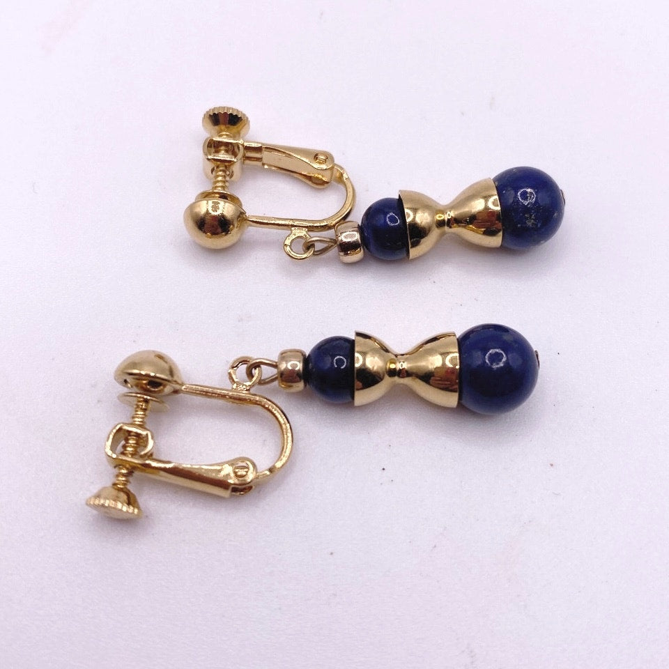 Vintage Gold Filled Dainty Screw Back Earrings With Lapis Lazuli Beads