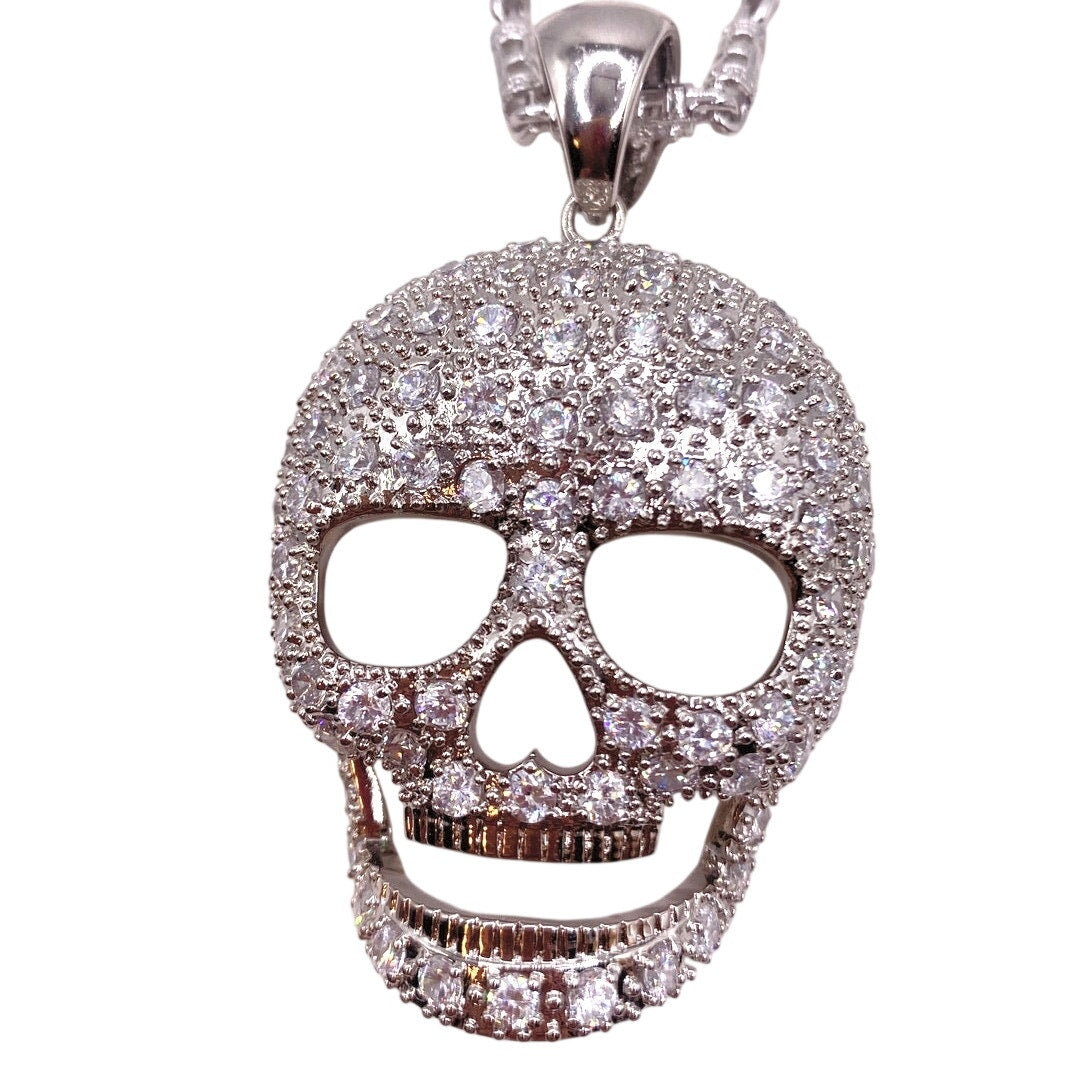 Sterling Silver Full Cubic Zirconia Skull Face Pendant and Necklace 28" long