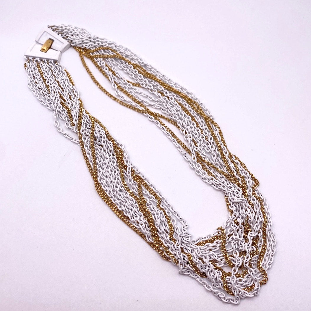 Trifari Vintage Multi chain Necklace White and Gold Tone 16”