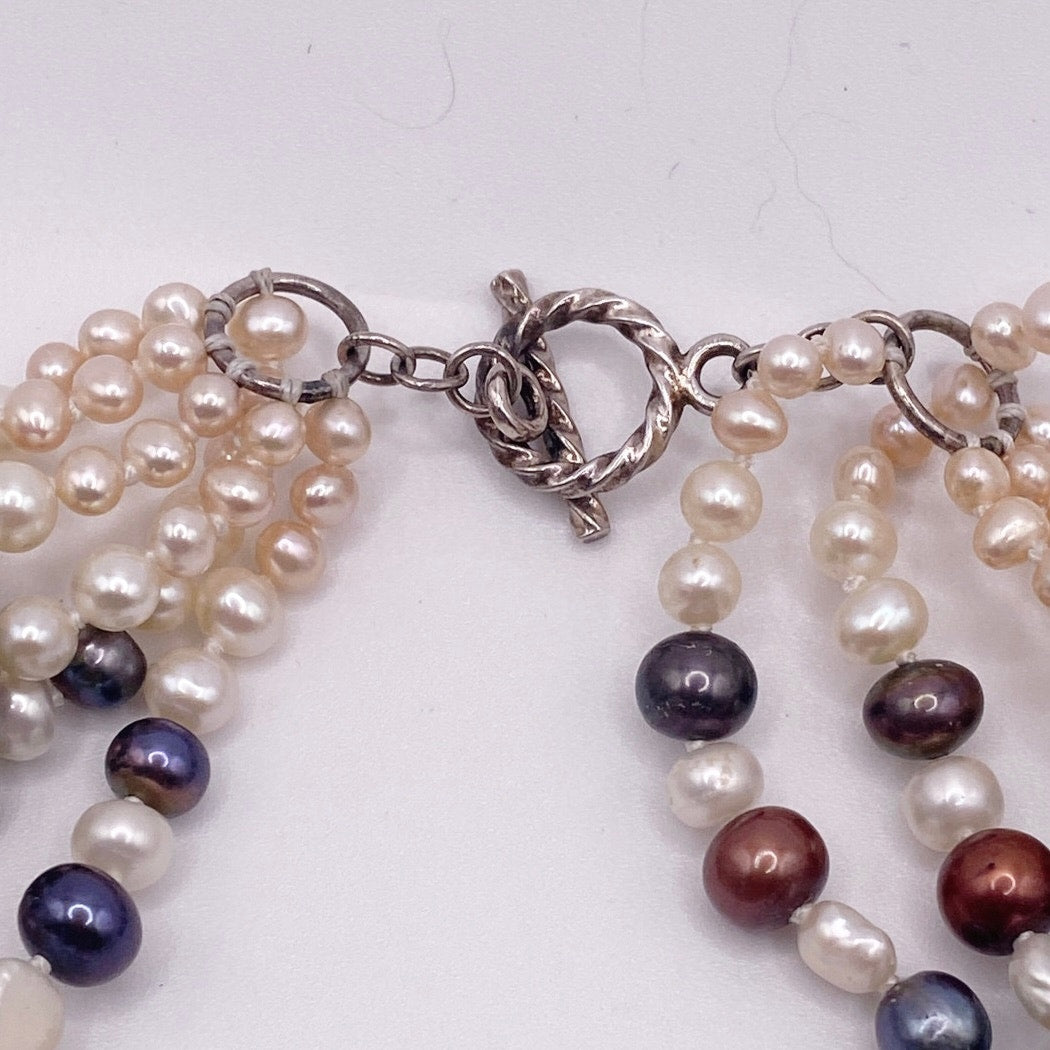 Multicolor Freshwater Pearl Multi strand Necklace Sterling Silver Closure