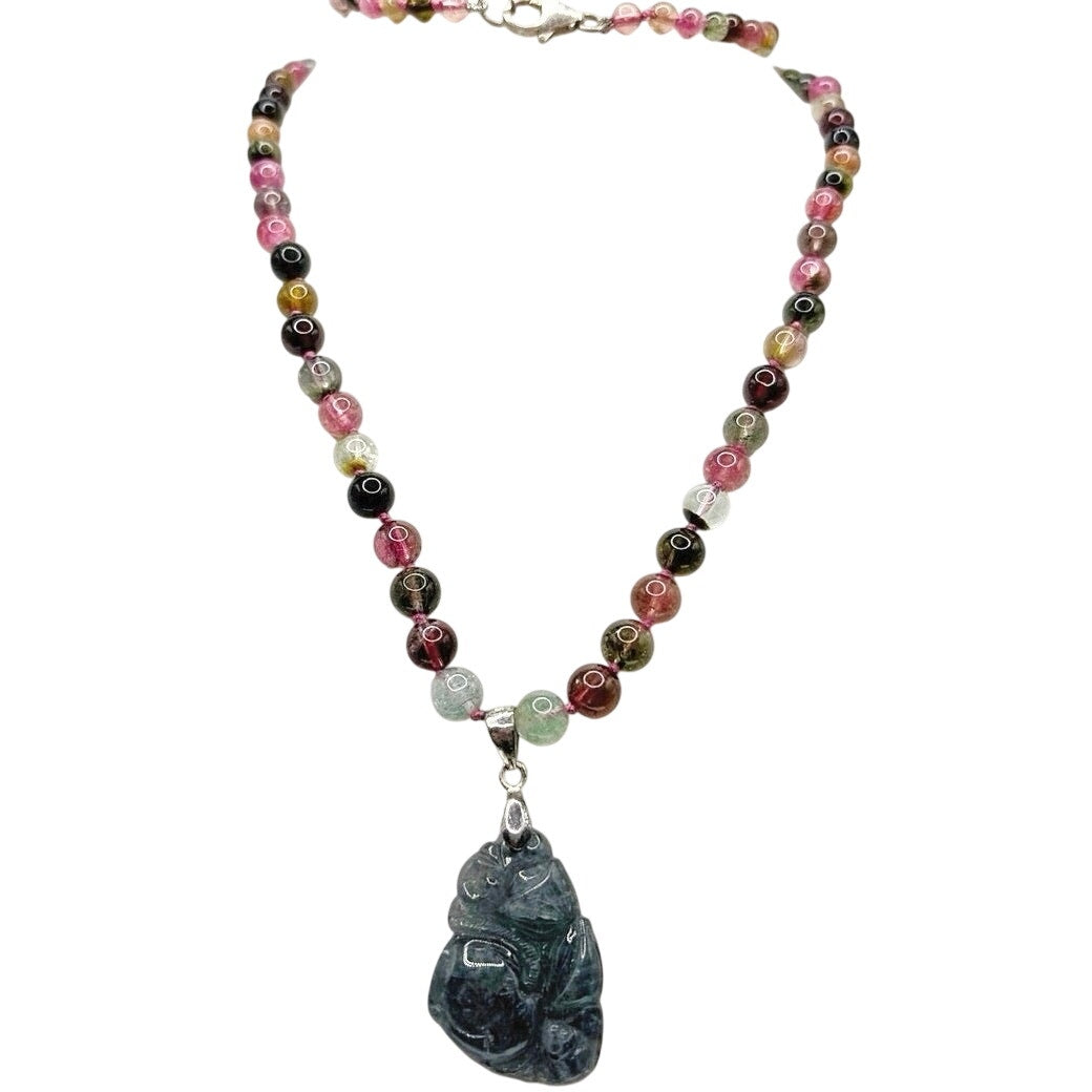 Large Tourmaline 24” Necklace With Carved Stone Pendant and Sterling Closure