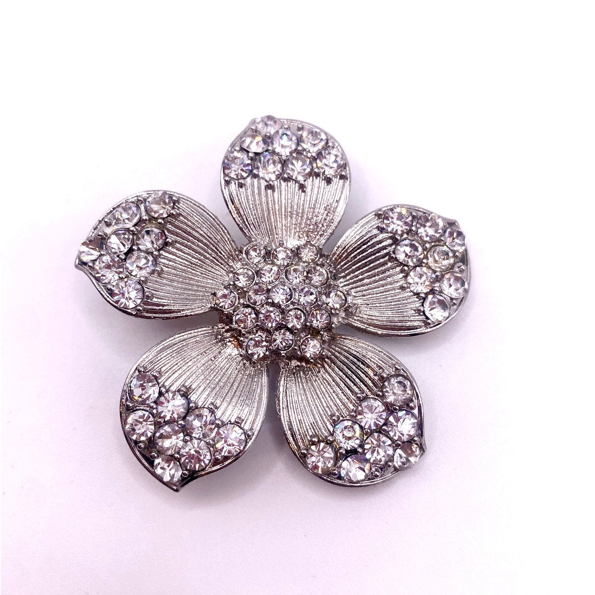 Vintage Silver Tone Brooch Flower With Rhinestones 2”