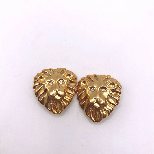 Vintage Clip On Earrings Lion Head Gold Tone Retro Design