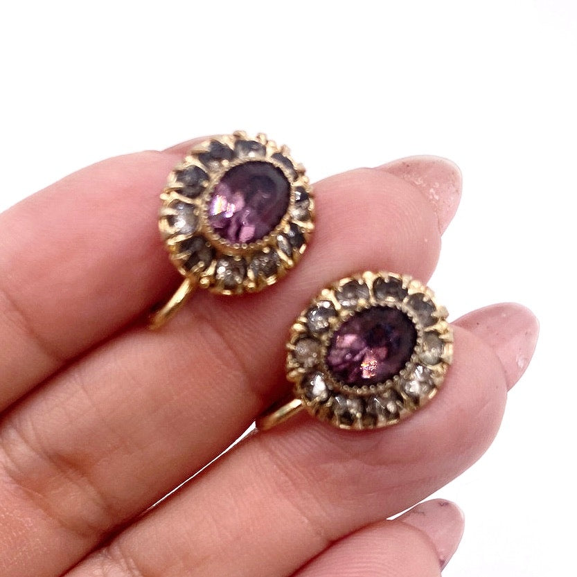 Vntg Gold Filled Screw Back Earrings Edwardian Revival With Purple Rhinestones