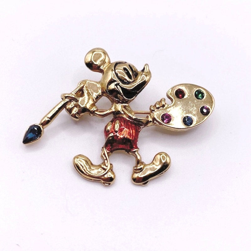 Vintage Mickey Mouse Artist Paint Pallet Brooch With Rhinestones