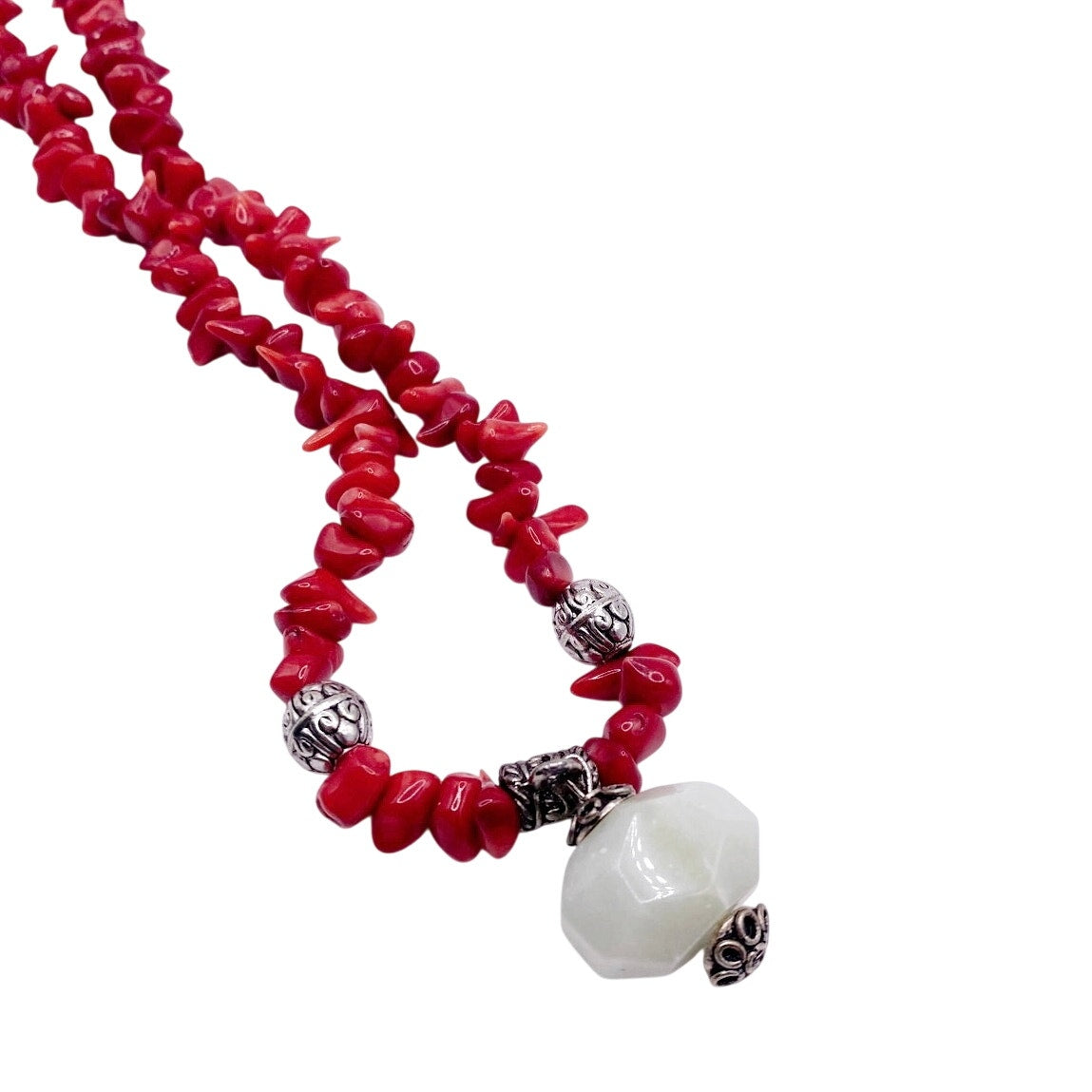 Red Coral Beaded Necklace with Green Lace Jade Pendant 16” Long