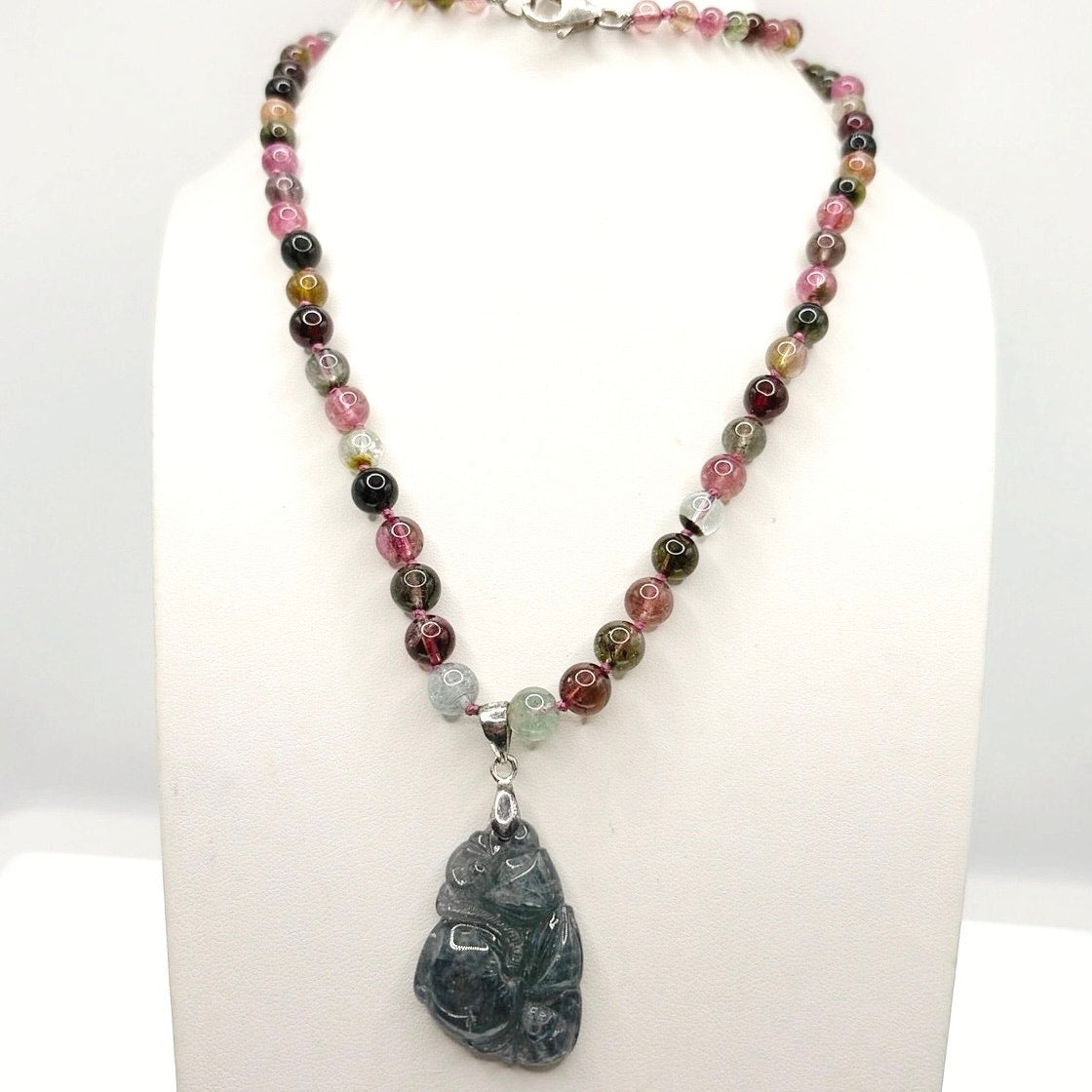 Large Tourmaline 24” Necklace With Carved Stone Pendant and Sterling Closure