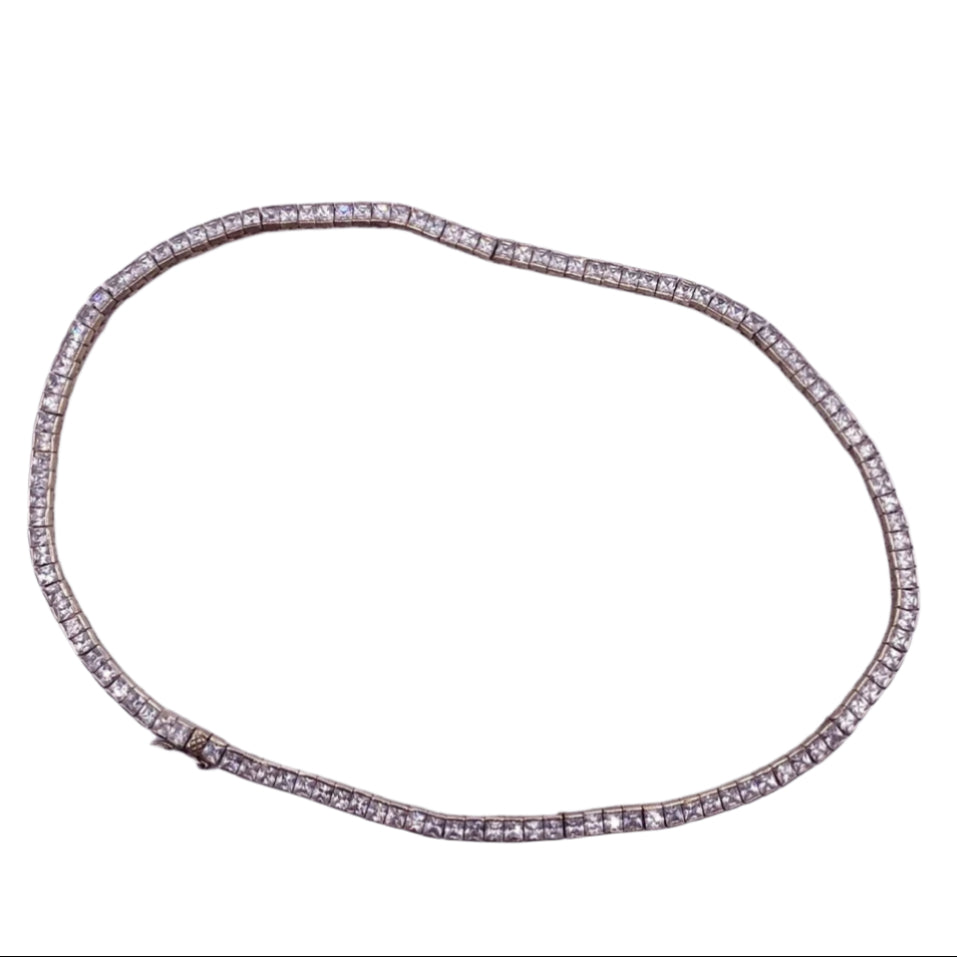 St Silver Square CZ Tenis Necklace Gold Plated 32”