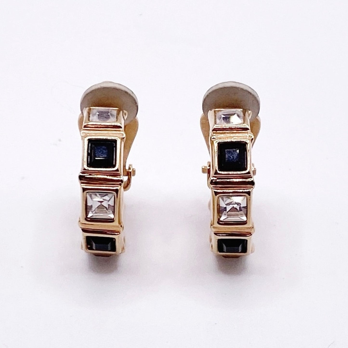 Swarovski Vintage Clip On Earrings Hoops with Black and White Crystals 1”