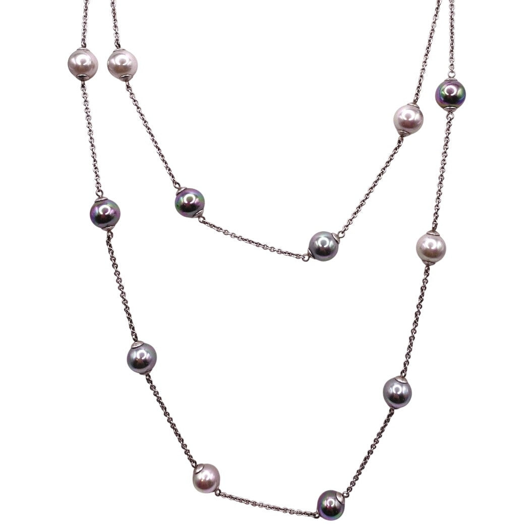 Majorica Necklace Sterling Silver-Colorful High Quality Faux Glass Pearls 34”