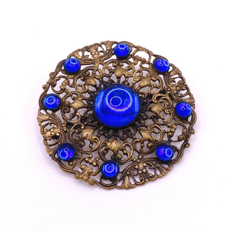 Blue Czech Glass Art Nouveau large Brooch