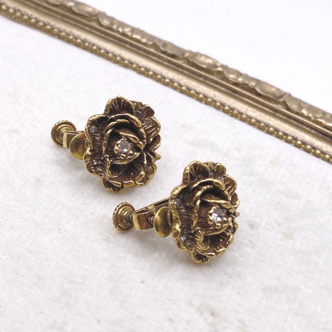 Goldette Vintage Small Gold Tone Clip on Earrings Rhinestones Rose