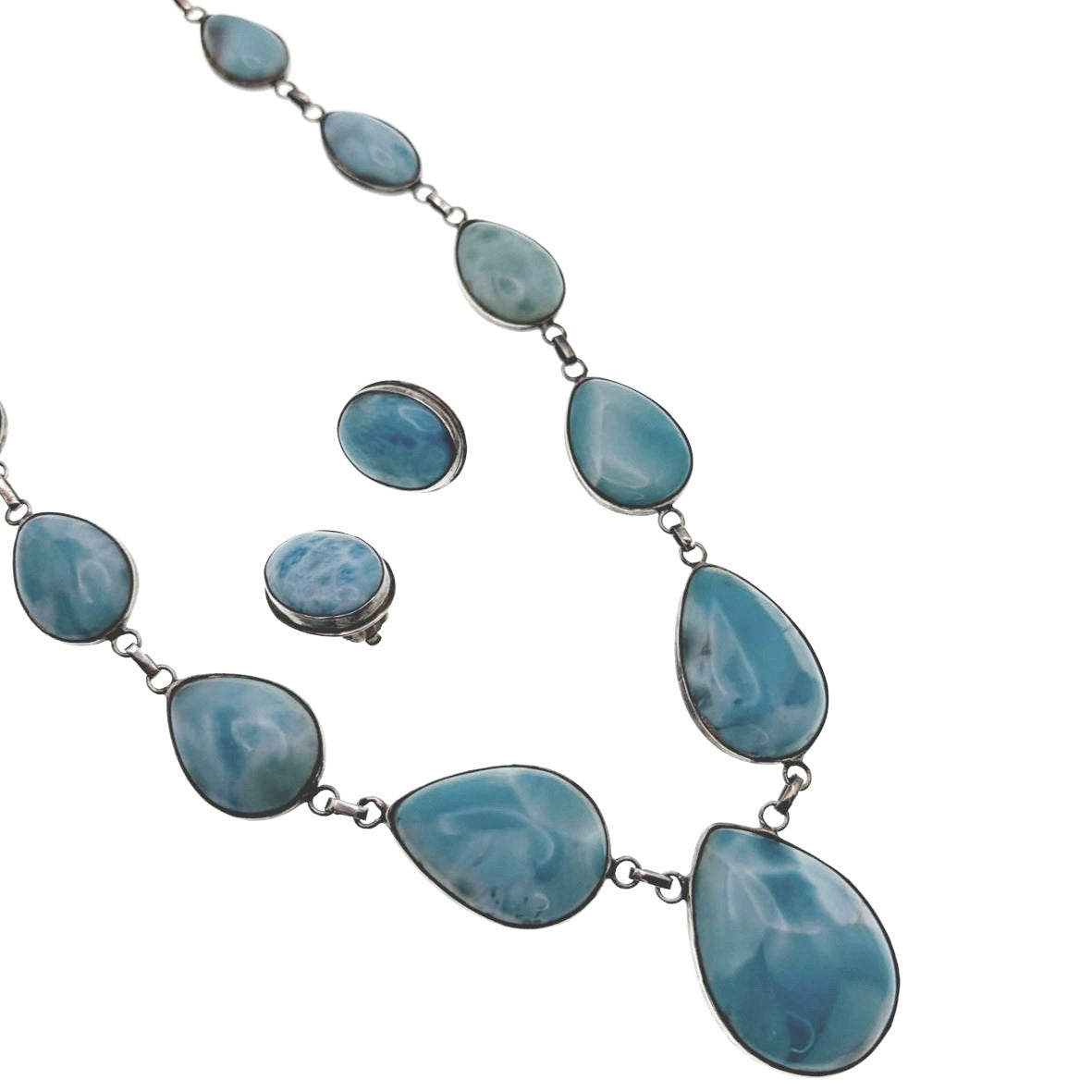 Sterling Silver And Larimar Gemstones Necklace 18” and Clip on Earrings Set