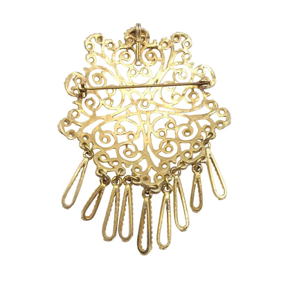 Large White and Gold Tone Filigree Brooch and Pendant with Dangling Charms 2.5”