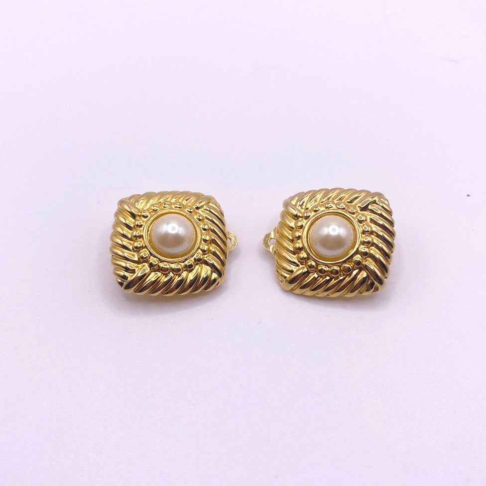 Square Button Faux Pearl Clip On Earrings