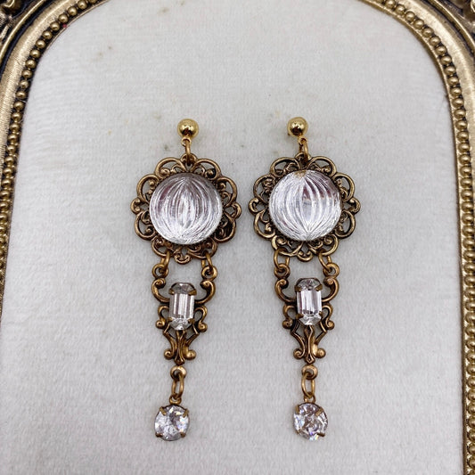 Vntg Dangling Earrings Filigree Brass with White Rhinestones and Glass Stones