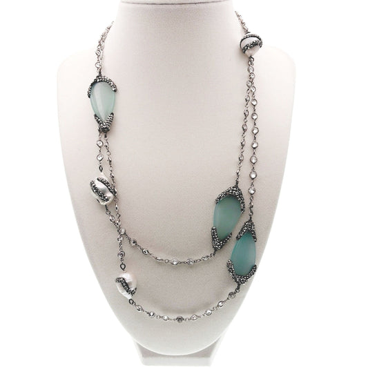 Sterling Silver Necklace Chalcedony Charms and Fresh Water Pearls 40”