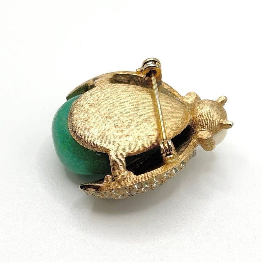 Vintage Rhinestones Scarab Brooch With Green Lucite Stone