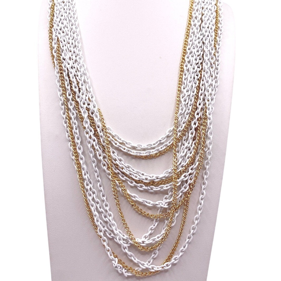 Trifari Vintage Multi chain Necklace White and Gold Tone 16”