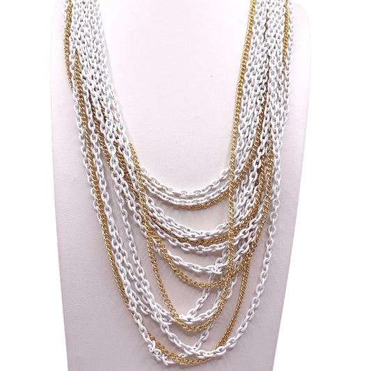 Trifari Vintage Multi chain Necklace White and Gold Tone 16”