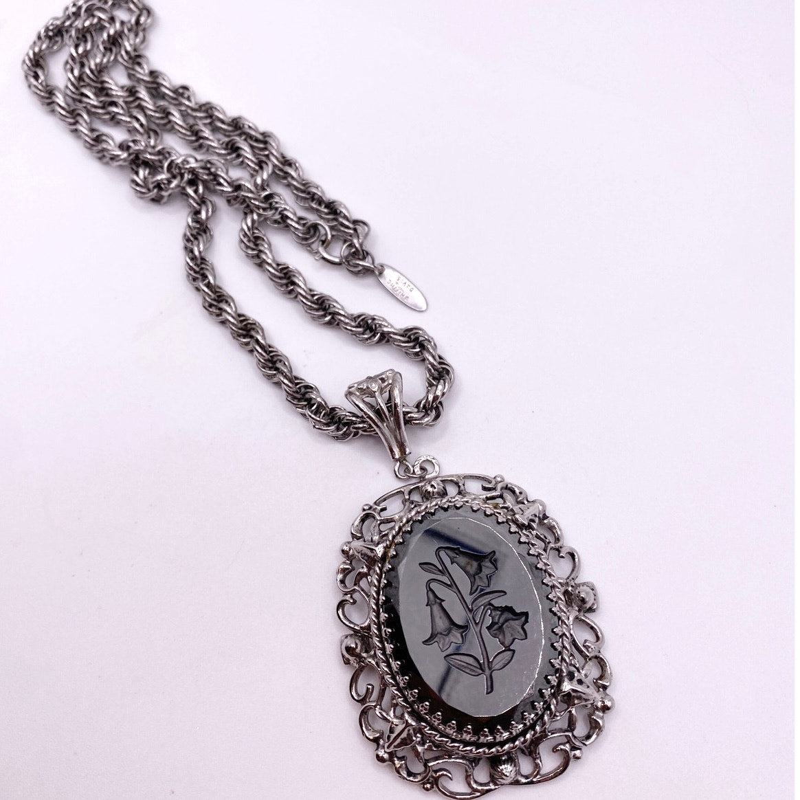 Vintage Whiting Davis Hematite Floral Reverse Cameo 22”