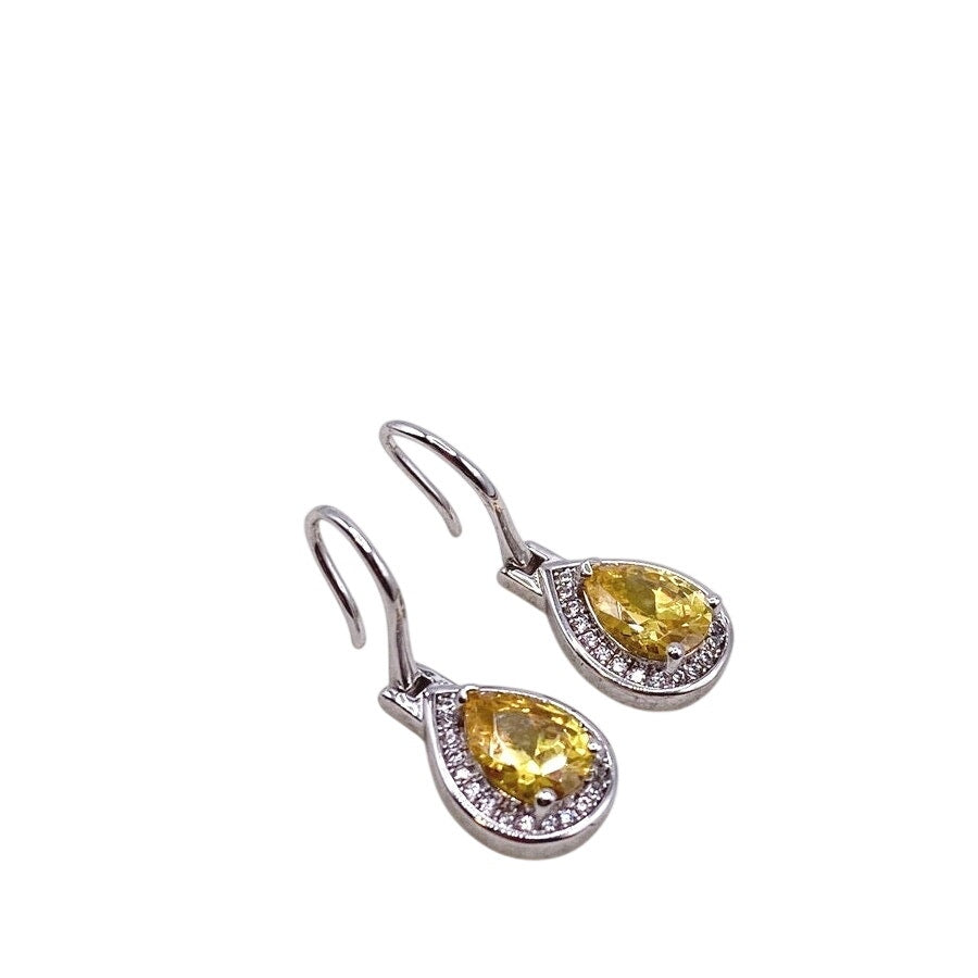 Sterling Silver Earrings with Dangling Citrine Cubic Zirconia Tear Drop 1cm