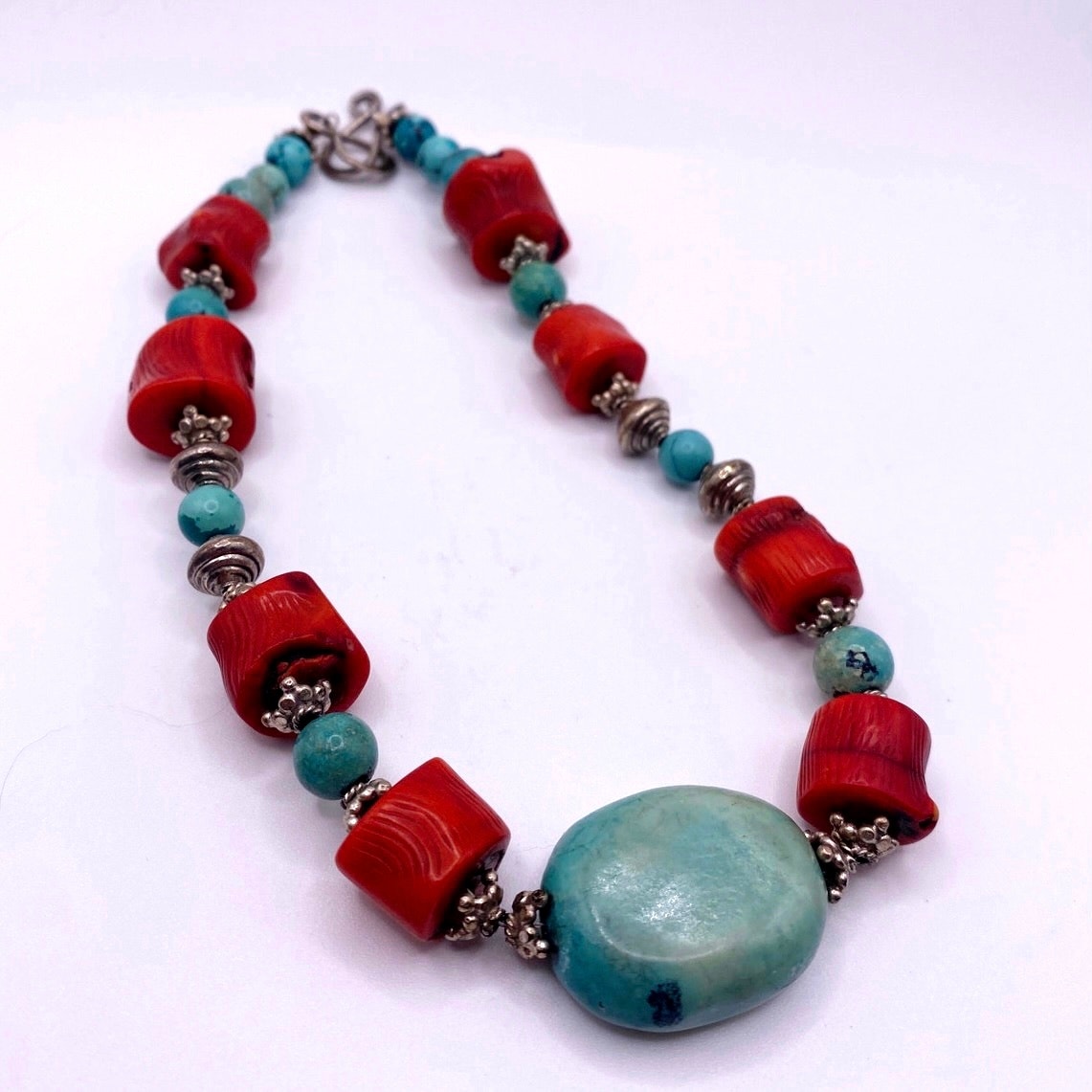 Sterling Silver Turquoise and Red Coral Choker Necklace 15”