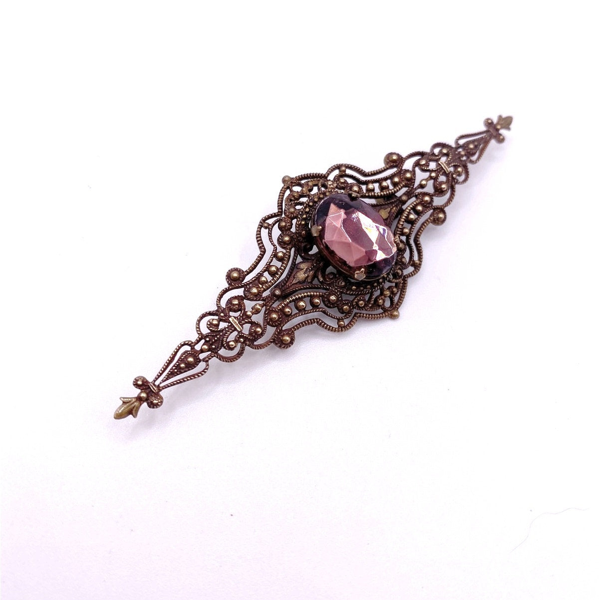 Antique Edwardian Era Brass filigree large 3” Brooch With Purple Glass Rhinestone