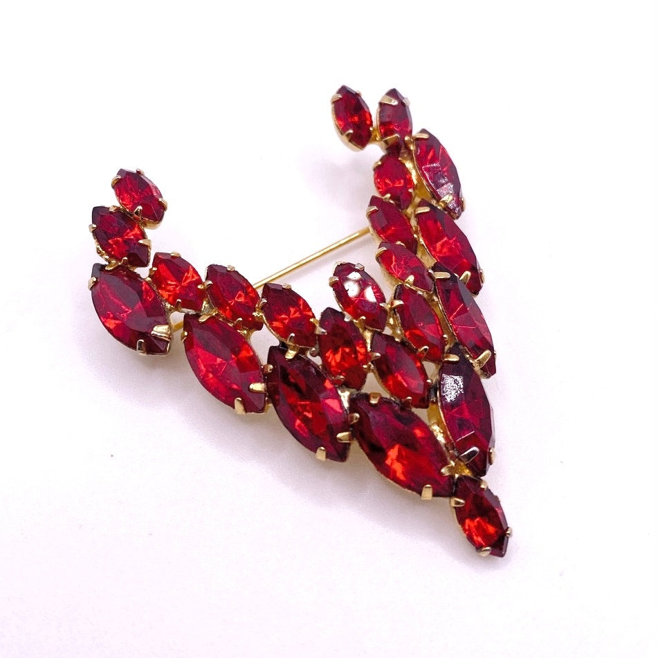 Red Rhinestones Vintage  Brooch V Shape 2.5”