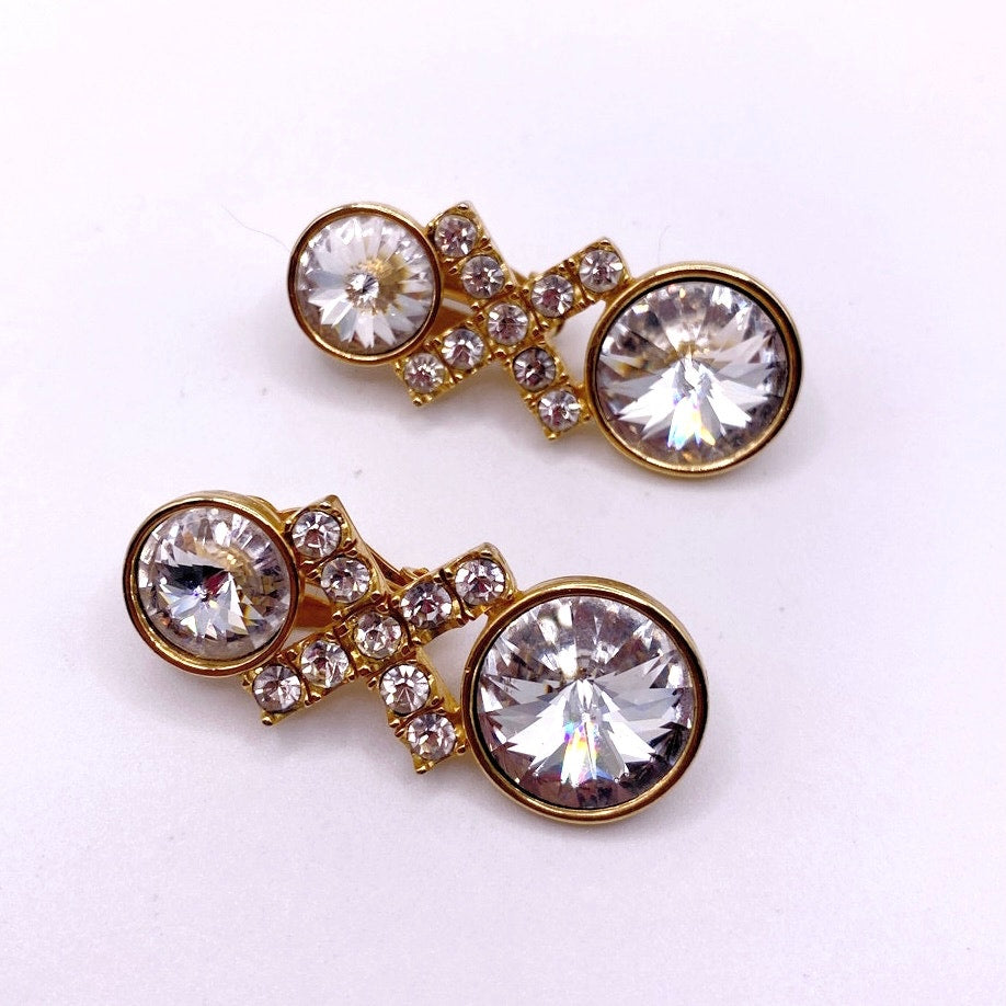 Vintage Clip On Earrings Ravioli White Stones and Rhinestones Gold Tone