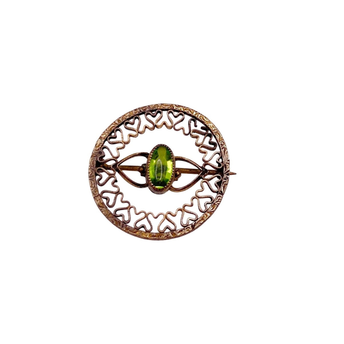 Antique Edwardian Era Brass filigree Small Brooch With Bohemian Green Glass Stone