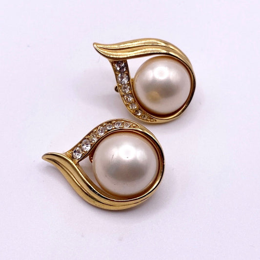 Trifari Clip On Earrings Faux Pearl Gold Tone