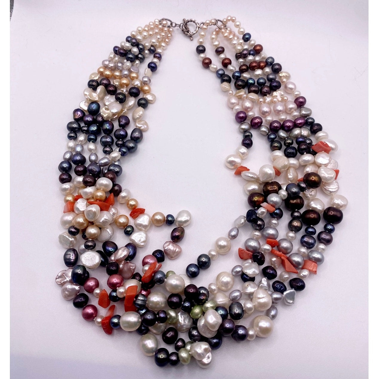 Multicolor Freshwater Pearl Multi strand Necklace Sterling Silver Closure