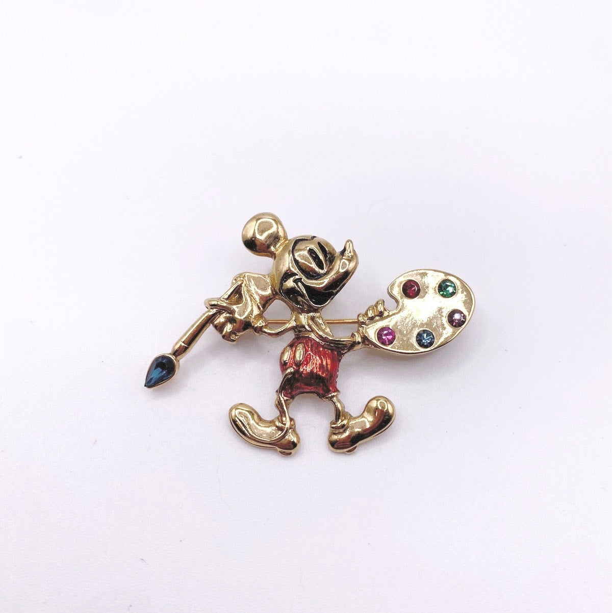 Vintage Mickey Mouse Artist Paint Pallet Brooch With Rhinestones