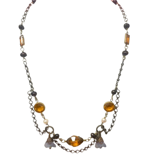 Vtg Bohemian Glass & Pearl Filigree Necklace